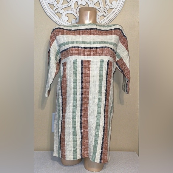 Billy Reid womens dress XS 0 2 mini stripe cream tan short sleeve stretch flax - Picture 1 of 9